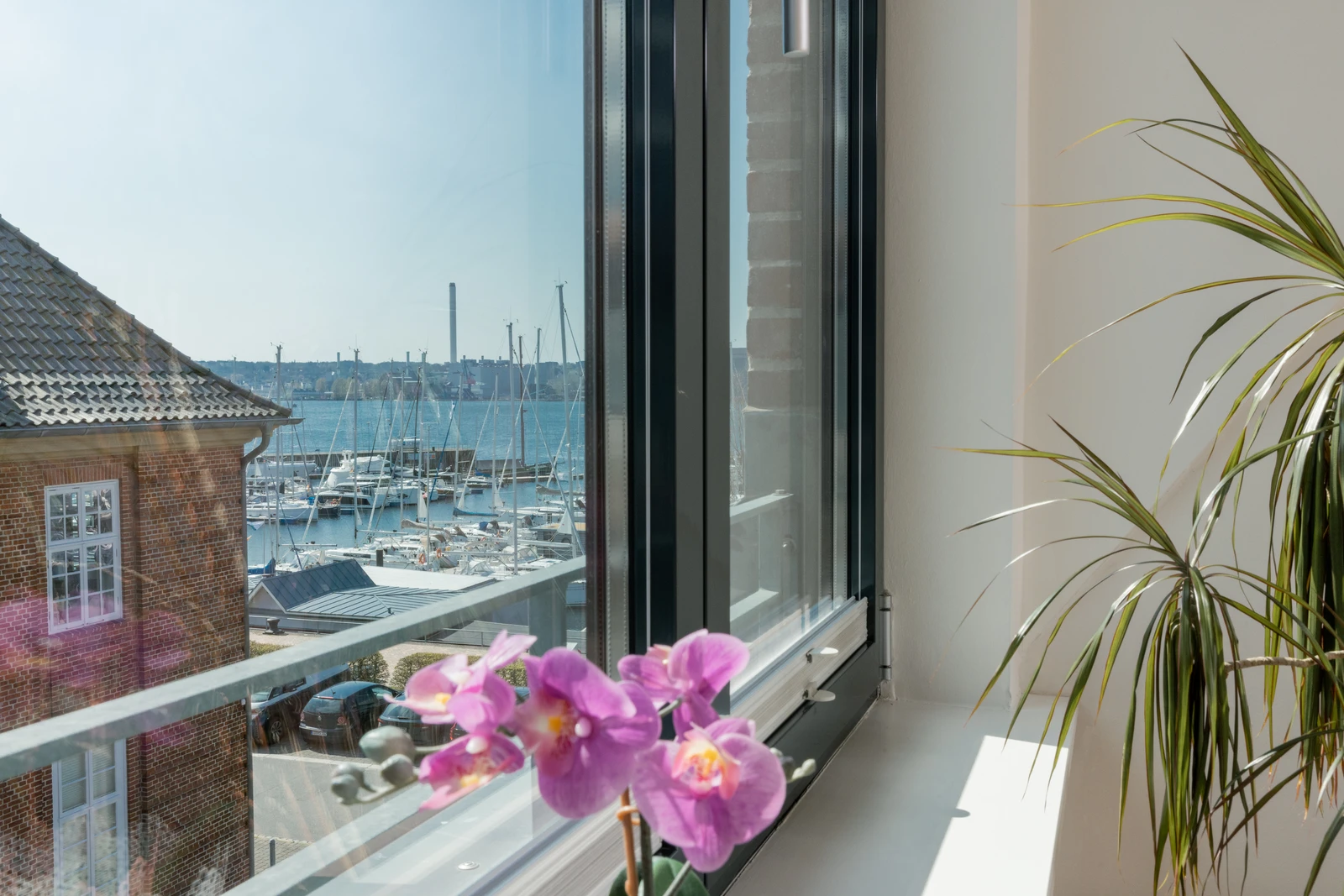 Seitlicher Ausblick auf Flensburger Förde durch Fenster in Ferienwohnung Seestern